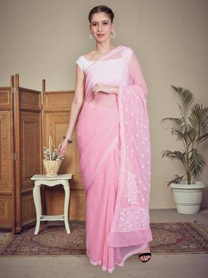 Peach georgette lucknowi saree 1