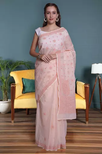 Peach kota lucknowi saree