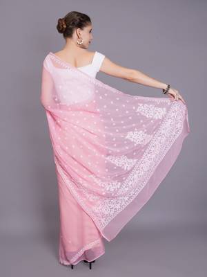 Peach georgette lucknowi saree 2