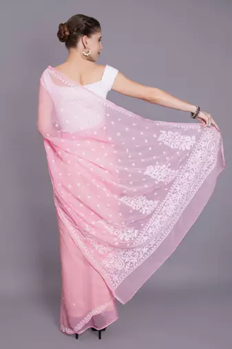 Peach georgette lucknowi saree