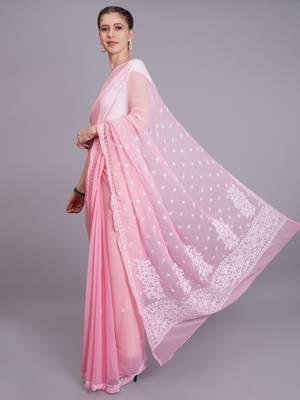 Peach georgette lucknowi saree 4