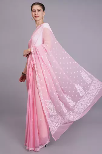 Peach georgette lucknowi saree