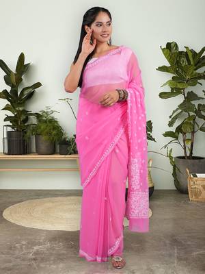 Dark pink georgette lucknowi saree 1