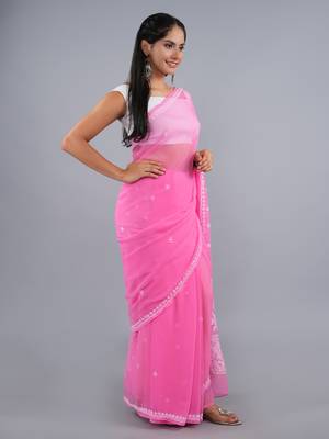 Dark pink georgette lucknowi saree 4