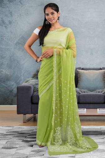 Mehendi green georgette lucknowi saree