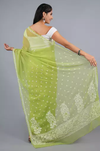 Mehendi green georgette lucknowi saree