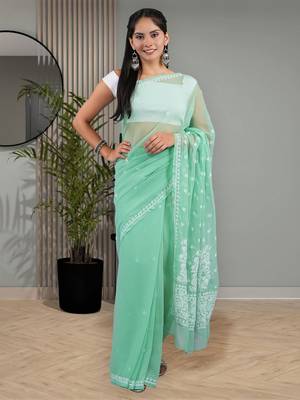 Green georgette lucknowi saree 1