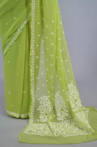 Mehendi green georgette lucknowi saree