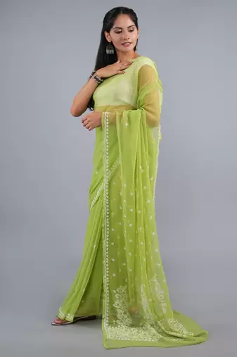 Mehendi green georgette lucknowi saree