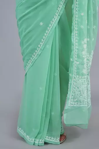 Green georgette lucknowi saree