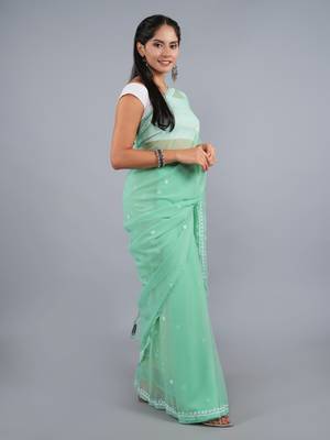 Green georgette lucknowi saree 4