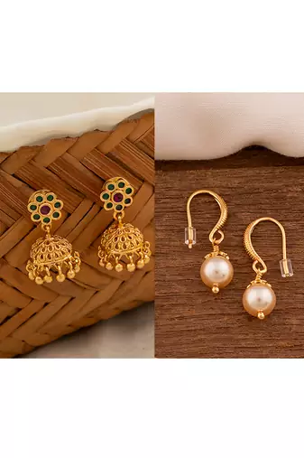 Two pairs of earrings Jhumki and swarovski light gold pearl one gram gold