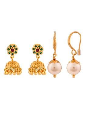 Two pairs of earrings Jhumki and swarovski light gold pearl one gram gold 3