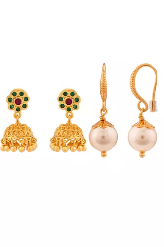 Two pairs of earrings Jhumki and swarovski light gold pearl one gram gold