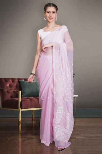 Pink georgette lucknowi saree