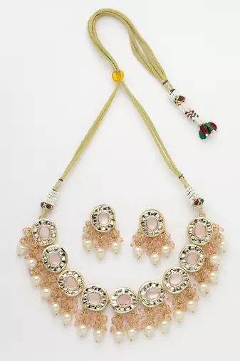 Women gold-plated kundan-studded  beaded necklace and earrings