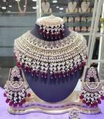 Opulent bridal kundan choker set with wine beads and matching earrings & maang tikka