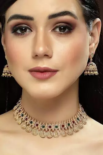 Traditional temple coin Necklace :: set with matching jhumkas for women