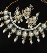 Elegant pearl and kundan necklace set with green enamel accents