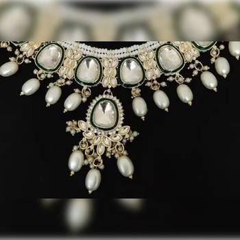 Elegant pearl and kundan Necklace :: set with green enamel accents 2
