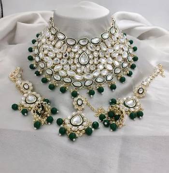 Royal kundan choker set with emerald green beads - traditional indian wedding jewelry set with earrings and tikka 1