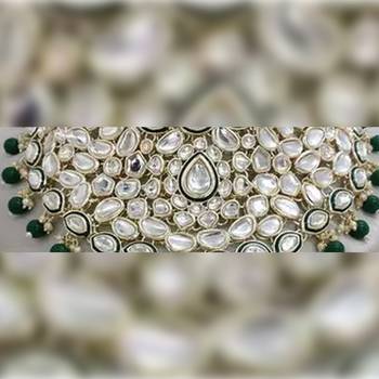 Royal kundan choker set with emerald green beads - traditional indian wedding jewelry set with earrings and tikka 2