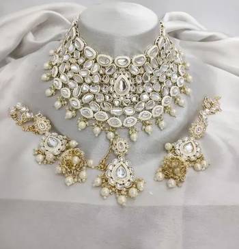 Royal kundan choker set with white beads - traditional indian wedding jewelry set with earrings and tikka 1