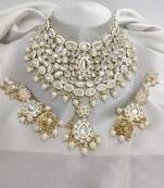Royal kundan choker set with white beads - traditional indian wedding jewelry set with earrings and tikka