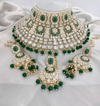 Royal kundan choker set with green beads - traditional indian wedding jewelry set with earrings and tikka 1