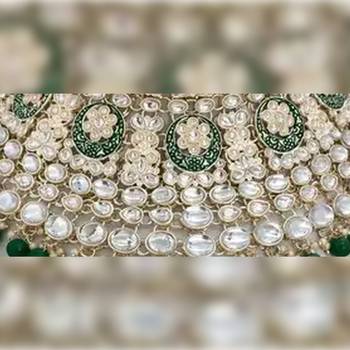 Royal kundan choker set with green beads - traditional indian wedding jewelry set with earrings and tikka 2