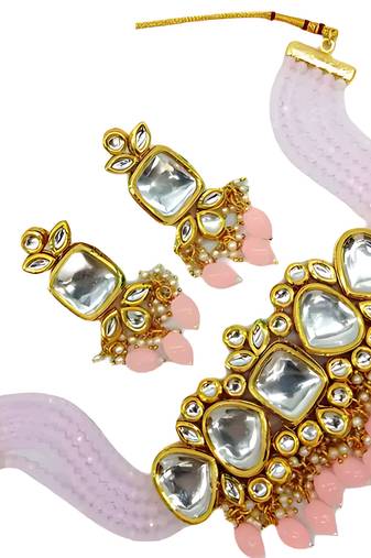 Kundan pink beaded necklace set - traditional multi-strand jewelry with pink beads and mirror work