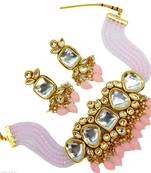 Kundan pink beaded necklace set - traditional multi-strand jewelry with pink beads and mirror work