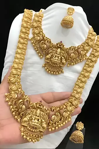 Traditional temple lakshmi design gold-plated bridal Necklace :: set with jhumka earrings | south indian wedding jewelry