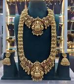 Traditional temple lakshmi design gold-plated bridal necklace set with jhumka earrings | south indian wedding jewelry