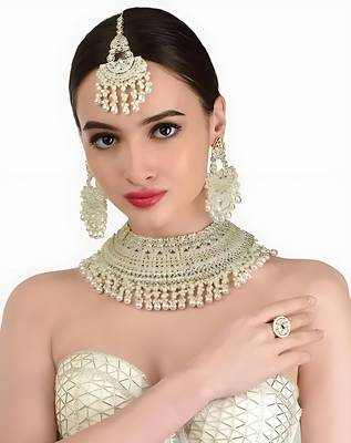 Opulent bridal kundan choker set with white beads and matching earrings & maang tikka 1