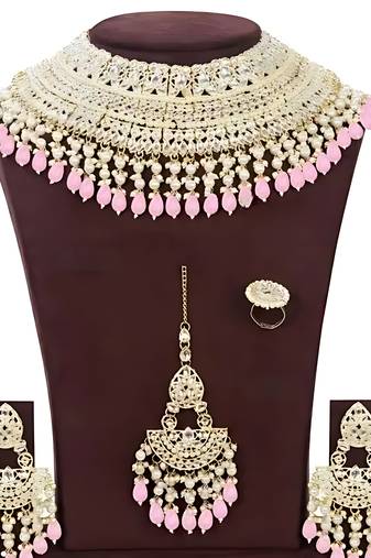 Opulent bridal kundan choker set with pink beads and matching earrings & maang tikka