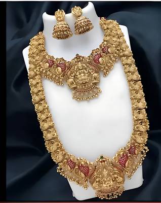 Traditional temple design gold-plated lakshmi long Necklace :: jhumka earrings antique south indian bridal jewelry set 2