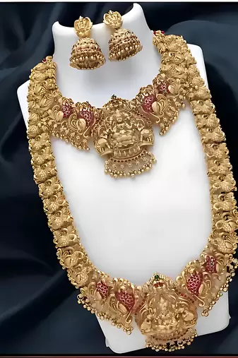 Traditional temple design gold-plated lakshmi long Necklace :: jhumka earrings antique south indian bridal jewelry set