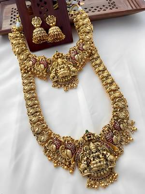 Traditional temple design gold-plated lakshmi long Necklace :: jhumka earrings antique south indian bridal jewelry set 3