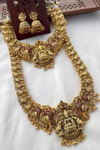 Traditional temple design gold-plated lakshmi long Necklace :: jhumka earrings antique south indian bridal jewelry set