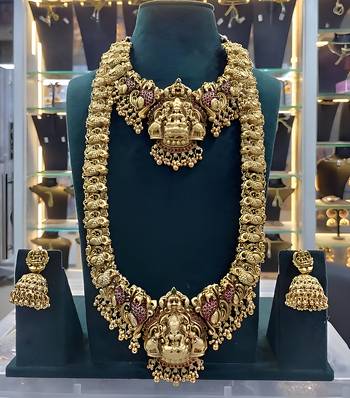 Traditional temple design gold-plated lakshmi long Necklace :: jhumka earrings antique south indian bridal jewelry set 1
