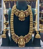 Traditional temple design gold-plated lakshmi long necklace jhumka earrings antique south indian bridal jewelry set