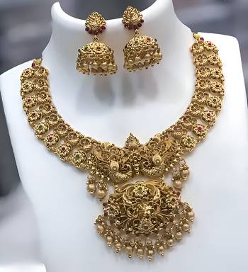 Antique gold-plated peacock design traditional temple choker pearl drops & jhumka earrings Necklace :: jewelry set 1