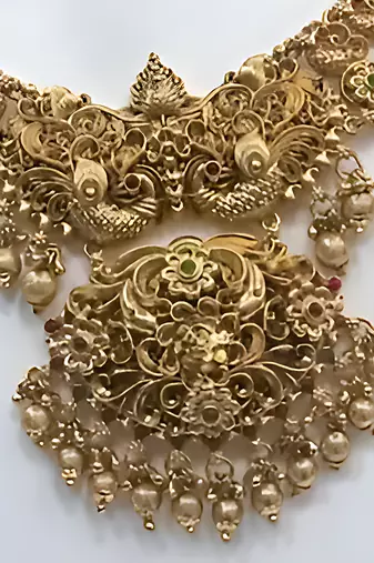 Antique gold-plated peacock design traditional temple choker pearl drops & jhumka earrings Necklace :: jewelry set