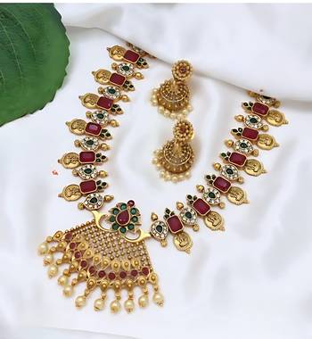 Antique gold lakshmi coin choker Necklace :: set with ruby red & emerald green stones | pearl drop temple jewelry 1