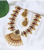 Antique gold lakshmi coin choker necklace set with ruby red & emerald green stones | pearl drop temple jewelry