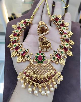 Antique gold lakshmi coin choker Necklace :: set with ruby red & emerald green stones | pearl drop temple jewelry 2