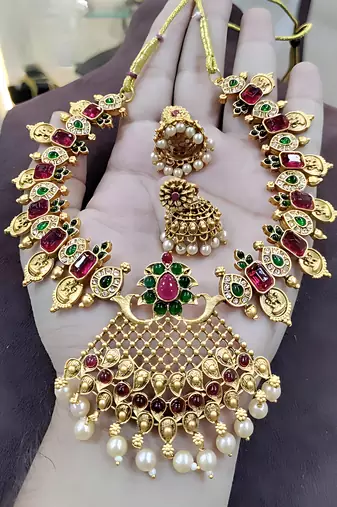 Antique gold lakshmi coin choker Necklace :: set with ruby red & emerald green stones | pearl drop temple jewelry