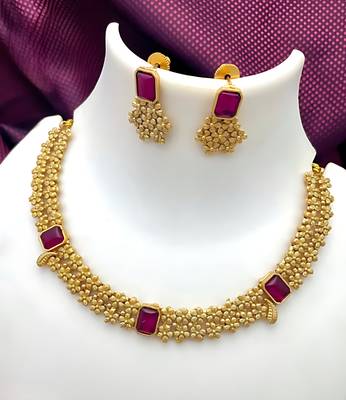 Designer gold floral Necklace :: set with ruby stones elegant matt gold finish jewelry set for women 1