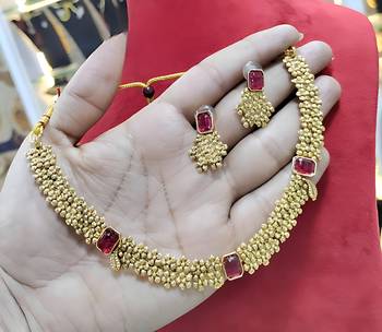 Designer gold floral Necklace :: set with ruby stones elegant matt gold finish jewelry set for women 2